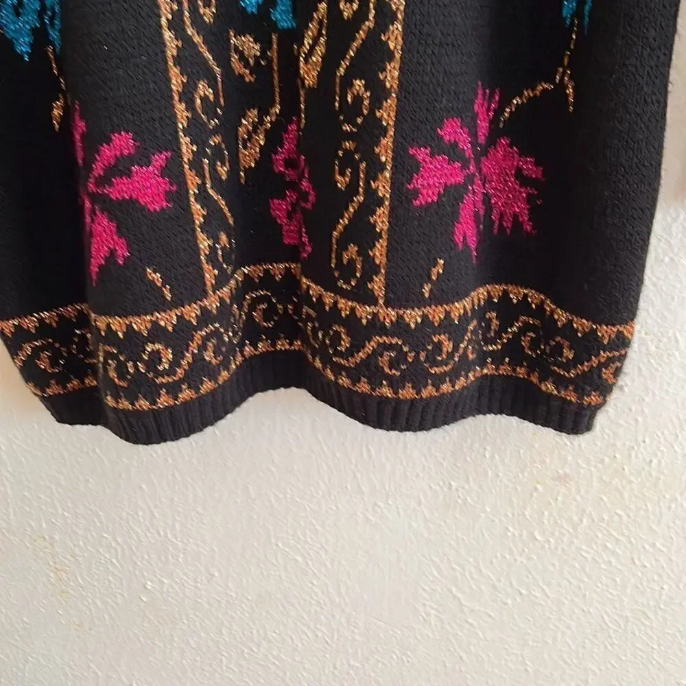 Vintage USA Black Holiday Sweater With Pink, Blue and Gold Floral Pattern Size L - Picture 5 of 5